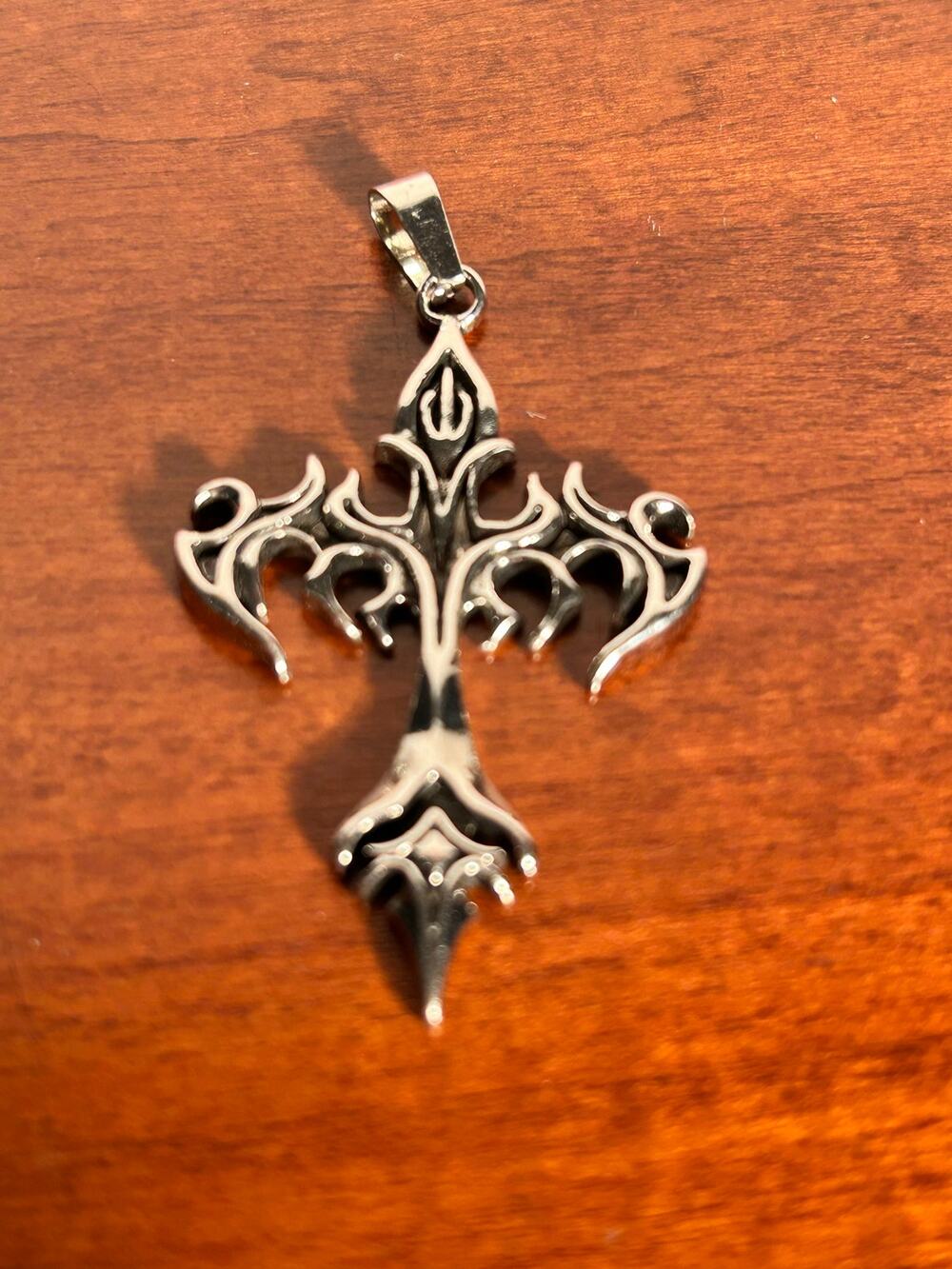 Y2K Gothic Silver Flame Cross Pendant Necklace Tribal Detail Punk Grunge Jewelry